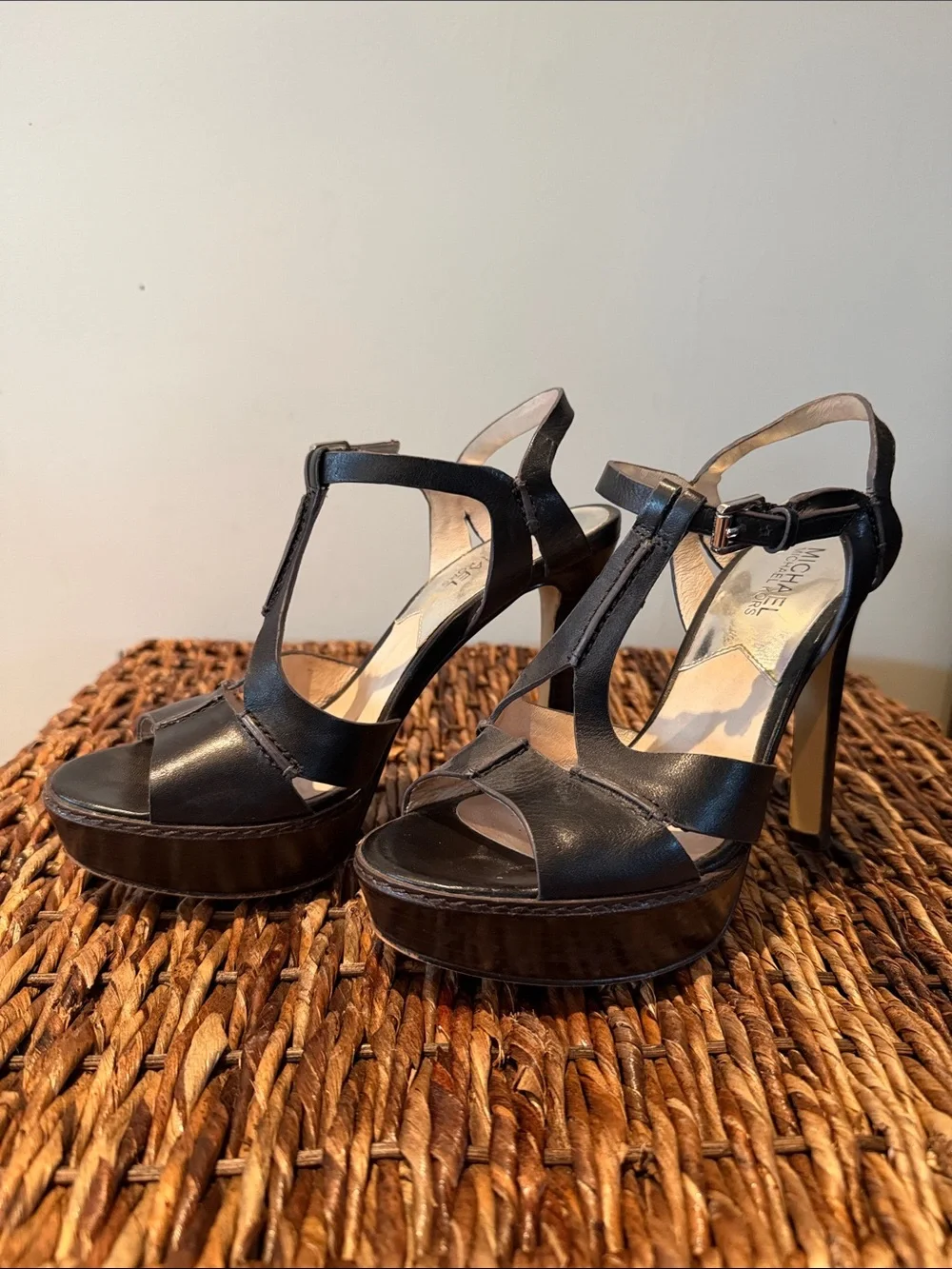 Michael Kors Black Leather T-Strap Platform Heels